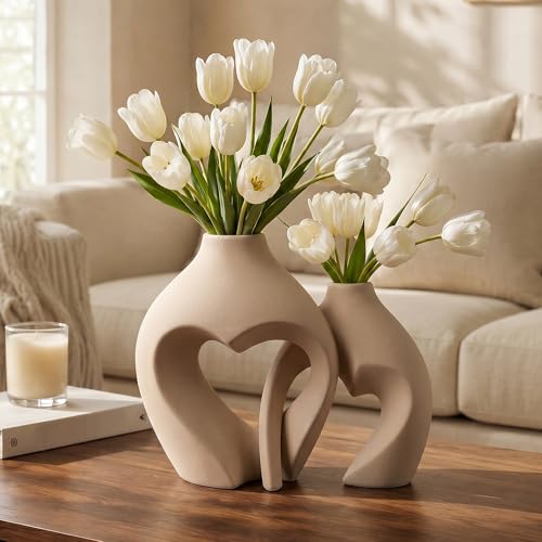 Ceramic Flower Vases Home Decor Heart Shaped Vase Set of 2 - color: Brown