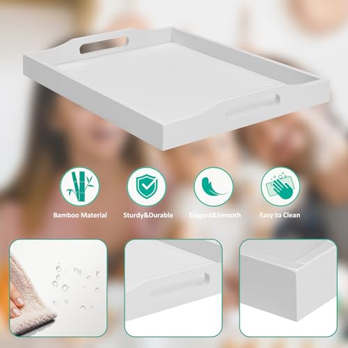 RRX Bamboo Food Serving Tray with Handles,Breakfast Bed Tray (White) - color: White