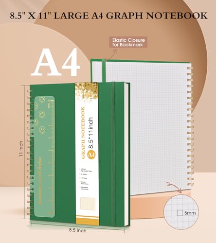 Graph Paper Notebook, Spiral Notebook Journal 8.5” x 11”, A4 Large Grid Notebooks for Women Men, 100 GSM Graph Paper, Plastic Hardcover Spiral Graphing Journals for Work School Engineerin, Green - color: Green, size: Graph