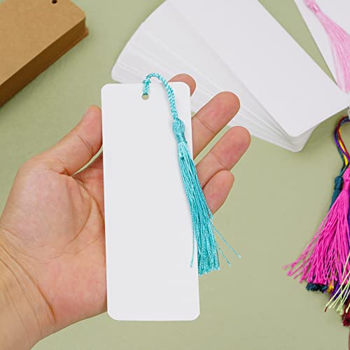 choyaxo 120 Pcs Kraft Paper Blank Bookmarks with 100 Pcs Colorful Tassels Paper Bookmarks for DIY Art Projects, School Supply, Gifts Tags 5.5x2 inch (120)