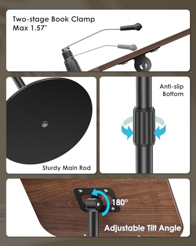 Viozon Floor Book Stand, Height Adjustable Reading Stand, Multi-Purpose Book Holder/Laptop Stand/Music Sheet Stand, 180° Tilt Desktop, Heavy-Duty Base, Two-Stage Page Clips for Thick Books