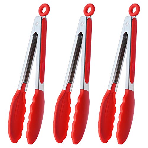 HINMAY Silicone Cooking Tongs 9-Inch Serving Tongs, Set of 3 (Red) - color: Red