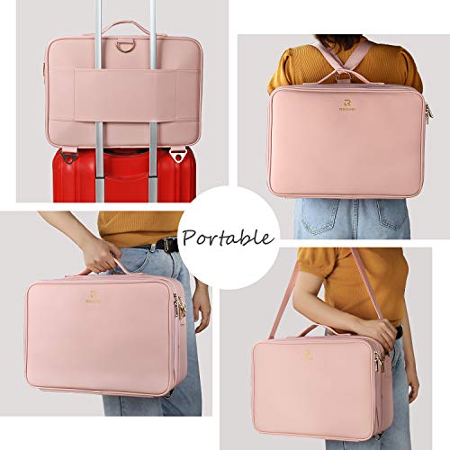 Relavel Makeup Case Large Makeup Bag Professional Train Case 16.5 inches Travel Cosmetic Organizer Brush Holder Waterproof Makeup Artist Storage Box, 3 Layer Large with Adjustable Strap (Pink) - color: Pink, size: Large