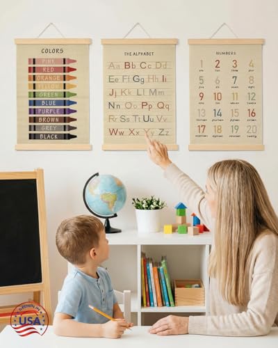 Forzacx Toddler Learning Posters 3-Pack 12x16 Inch, Wall Decor for Playroom & Nursery, Interactive Learning Posters with ABC, Numbers & Colors, Fun Classroom Decorations
