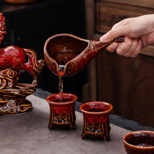 Ceramic Red Horse Teapot with Infuser - Chinese Gongfu Tea Set, 8 Cups, Semi Automatic Design for Loose Leaf Tea - color: Red Horse - B