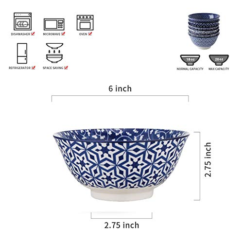 Selamica Ceramic 20 Oz Cereal Bowls Set of 6, 6 inch Soup Bowls - color: Vintage Blue, size: 6 inches