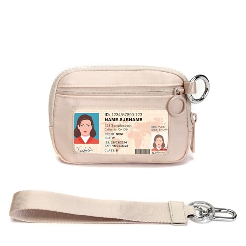 Keychain Wallet for Women with Clear ID Window, Coin Pouch and Wrist Strap - color: Light Beige