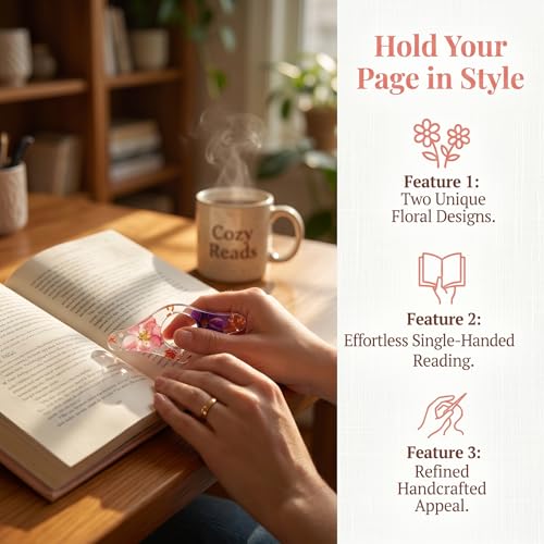 2PCS Pressed Flower Resin Bookmark Round Thumb Ring Page Holder Handmade Reading Bookmark Floral Book Accessory Gift for Book Lovers