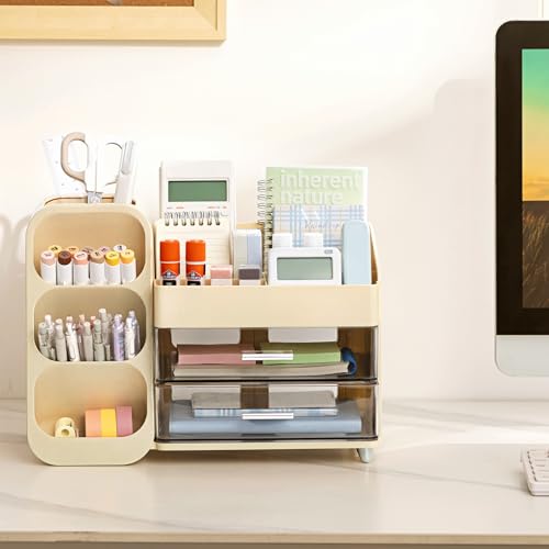HBlife Desk Organizer with Pen Pencil Holder for Desk, Pen Organizer with 2 Drawers, Desk Organizers and Accessories with 4 Compartments, Desktop Storage for Office Home School Art Supplies, Beige - color: Beige