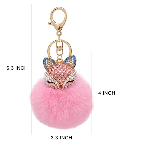 Faux Rabbit Fur Pom Pom Keychain with Fox Head - color: Pink2