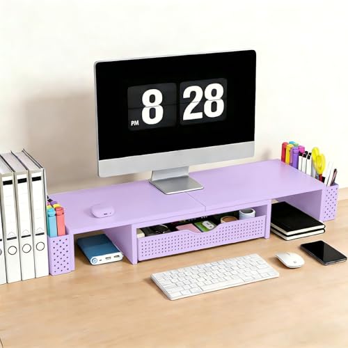 Spacrea Dual Monitor Stand Riser with Drawer and 2 Pen Holders - color: Purple
