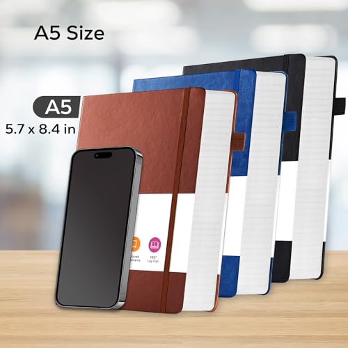 FOCUS DAY 3 Pack Journal Notebook, 320 Pages A5 Lined Notebook Journal Set for Work Writing, Hardcover Leather Bound Notebooks Bulk for Women Men Office School, 5.7'' X 8.4'', Multicolor - color: Blue-Brown-Black, size: A5