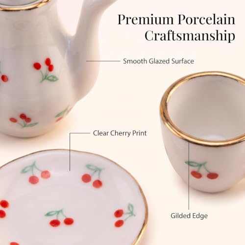 Miniature Tea Set 1/6 Scale Dollhouse Accessories Porcelain Cherry Pattern - color: Cherry