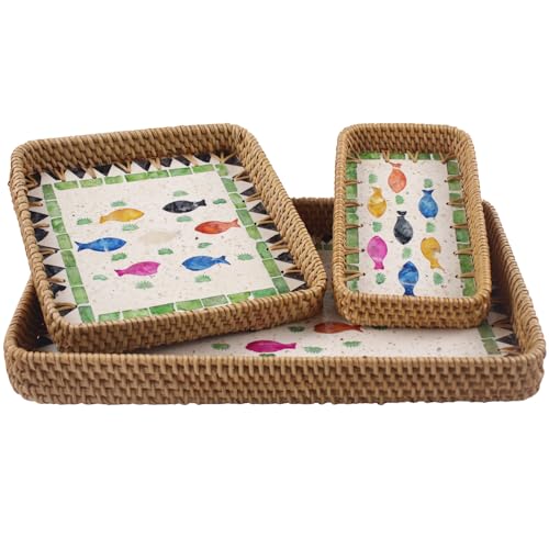 Rectangle Rattan Serving Tray with Mother of Pearl Inlay, Handwoven Wicker Tray for Frui Bread Breakfast Coffee Table Party Picnic Cafe Bedroom Kitchen Home Decor Set of 3 (Green Fish) - color: Green Fish