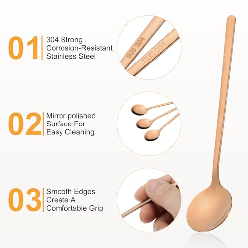 HARFINGTON 6pcs Tea Stirring Spoons 5"(13cm) 304 Stainless Steel Round Soup Spoon with Long Handles for Espresso Sugar Dessert Cereal Ice Cream Cocktail Coffee Bar Accessories, Rose Gold - color: Rose Gold, size: 5"