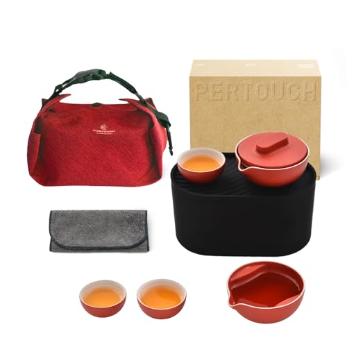 PERTouch-T1 Portable Gongfu Tea Set Asian Style Travel Tea Set Double-Wall Insulated Ceramic Kit with Teapot, Fair Cup, 3 Tea Bowls, Tea Tray & Waterproof Travel Bag for Outdoor, Car, Home, Office - color: Red