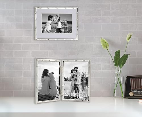 4x6'' Bamboo Detail Double Photo Frames,Silver 6x4'' Double Metal Picture Frames,Elegant Silver Plated Photo Frames 4 x 6'' With Soft Touch Velvet Backing and Real Glass for Desktop and Shelf Decor - color: Silver, size: 4x6Inch Double