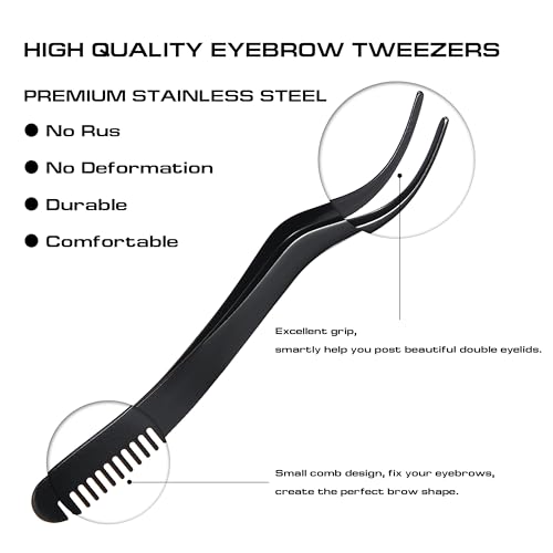 2 in 1 Lash Extension Tweezers with Comb, Stainless Steel Elbow Eyelash Extension Tweezers, Eyelash Tweezers for Lash Extensions, Precise Eyebrow Tweezers Tool for DIY False Eyelashes Clusters, Black - color: Black