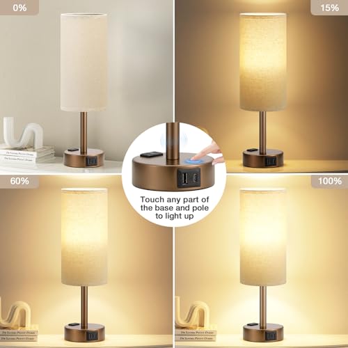 Fenmzee Brown Bedside Lamp for Bedroom, Dimmable Touch, USB A+C, AC Outlet - color: Beige - Brown, size: 14"