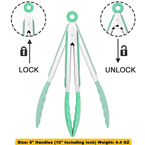 HINMAY 9" Kitchen Cooking Tongs with Silicone Tips, Set of 3 (Mint) - color: Mint