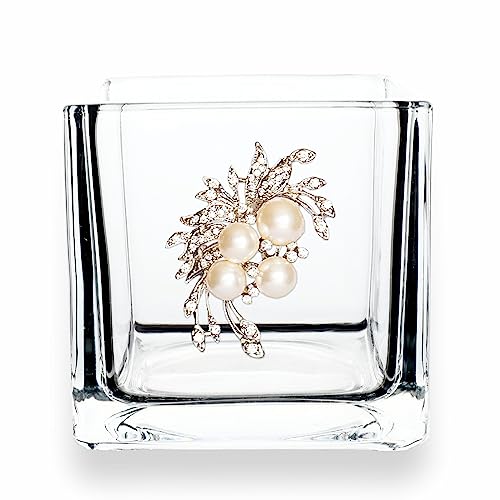 THE QUEENS' JEWELS Pearl Bouquet Jeweled 4x4 Candle Holder Vase - Unique Gift for Women, Birthday, Cute, Fun, Cocktail, Queen, Not Painted, Decorated, Bling, Bedazzled, Rhinestone - color: Pearl Bouquet