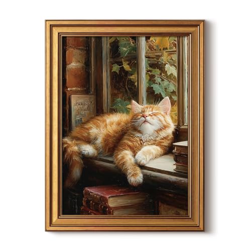 HUARCEY Gold Framed Canvas Wall Art, Book Cat Vintage Decor, 12x16 Inch - color: Book Cat, size: 16"L x 12"W