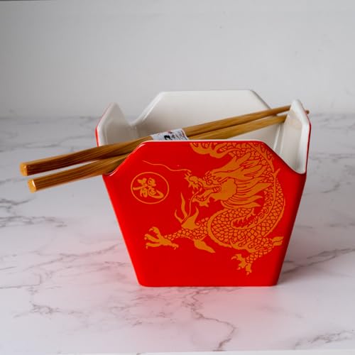 Urban Tokyo Chinese Takeout Box Style Porcelain Bowl With Chopsticks 18 fl oz Square Shape Rice Noodles Pasta To Go Box Shaped Bowl Microwave Dishwasher Safe (Red Dragon) - color: Red Dragon