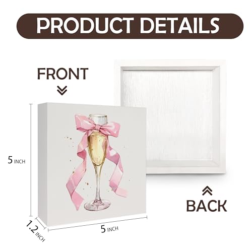 Pink Bow Champagne Flute Wooden Box Sign, Preppy Girly Room Decor Aesthetic, Pink Girly Wood Signs for Girls Room Dorm Apartment Desk Table Shelf Decor, 5x5 Inch - color: A-Pink Bow Champagne