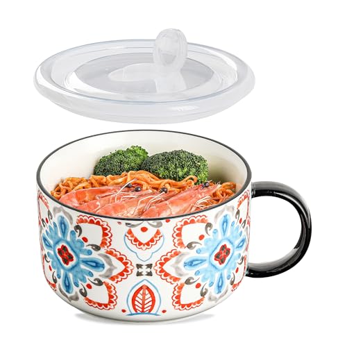 Jumbo Ceramic Soup Bowl with Lid, Microwave Safe - Pattern B - color: Pattern B, size: Set of 1