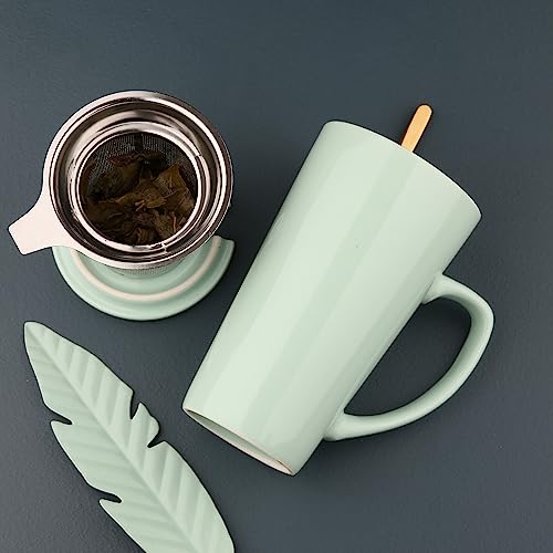 15 Ounce Porcelain Tea Mug with Infuser, Lid and Spoon, Loose Leaf Tea Cup (Mint Green) - color: Mint Green