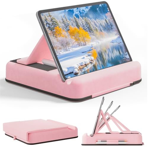 Tablet Pillow Stand, Multi-Angle Foldable iPad Holder for Bed, Sofa, Desk, Lap, Soft Pad Dock with Storage Pocket & Stylus Mount, for 4.7-13" Devices iPad,iPhone,E-Reader,Books (Pink) - color: Pink