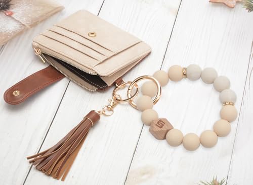 COOLANS Silicone Bracelet Wristlet Wallet Credit Card Holder RFID ID Window Key Ring Tassel Slim Wallet Women Keychain Purse - color: Brown White