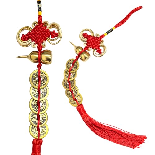 Feng Shui Good Luck Charms with Metal Gourd Red Knot Wall Hanging for Car,House,Office, Wealth and Success Five Emperor Money(5coins) - 2pcs - color: Chinese Knot Gourd & Coin Tassel 2pcs
