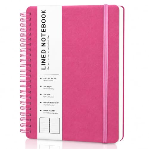 Lined Spiral Notebook for Women, A5 College Ruled Leather Spiral Journals - color: Raspberry White, size: A5