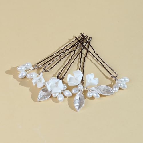 Handmade Pearl Bridal Wedding Hair Pins 6Pcs White Ceramic Flowers Gold Leaf Pearls Clips Wedding Hair Accessories for Women Brides Bridesmaid (Set-C-Bronze) - color: Set-C-Bronze