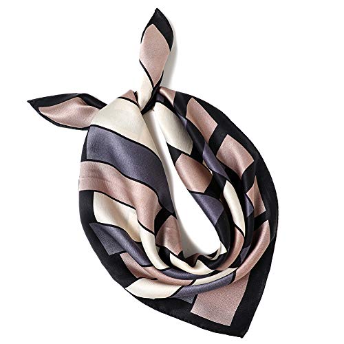 ANDANTINO 100% Mulberry Silk Scarf -21” Square Neckerchief with Gift Packed - color: Black & Purple Geometric
