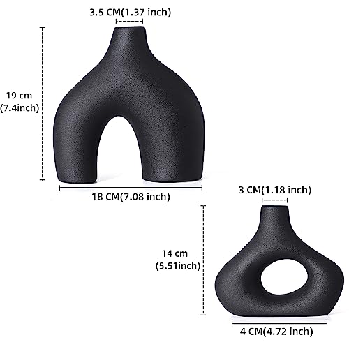 CEMABT Black Ceramic Vase Set of 2 for Modern Minimalist Bohemian Decor，Round Matte Donut Vases for Pampas Grass-Perfect for Living Room, Dining Table, Office Bedroom Shelf Decor Entryway, Console - color: Black