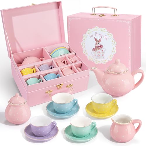 Porcelain Tea Set for Toddlers, Tea Party Set for Little Girls, Kids Tea Set Kitchen Pretend Play, Princess Tea Time Playset with Teapot Cups Carry Case, Toddler Girl Toys Birthday Gifts Age 3+ - style: C. Color Dot Tea