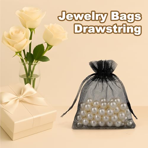 Crweety 50 Pcs Organza Bags 3x4, Black Small Mesh Gift Bags Drawstring Bulk - color: Black
