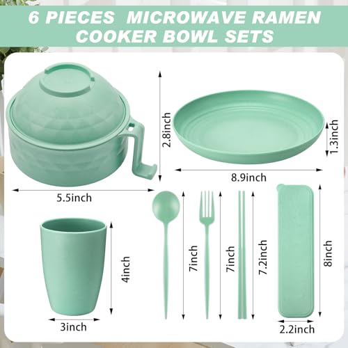6 Pcs Microwave Ramen Cooker Set 40oz Bowl, Nordic Green - color: Nordic Green
