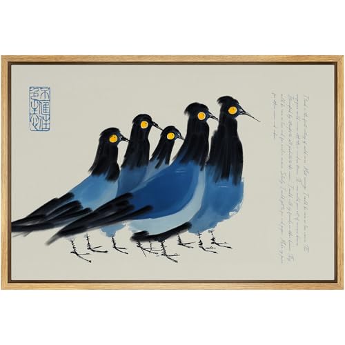 SIGNFORD Framed Canvas Print Wall Art Oriental Style Blue Birds Modern Asian-Inspired Minimalist Illustrations Modern Art Decorative Boho Relax/Zen for Living Room, Bedroom, Office - 16x24 NATURAL - color: B08-2508-M28, size: 24"L x 16"W