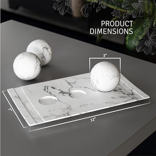 Creative Scents White Marble Look Home Decor Tray and Orb Set Coffee Table Decor for Living Room Centerpiece Table Decorations for Dining Table, Kitchen, Foyer, Entryway Elegant House Decoration - color: Matte White Marble Look
