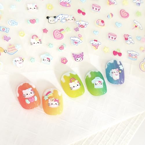 Okiyomi Kawaii Cat Nail Stickers for Kids, 3D, 4 Sheets, 274 Decals - color: 5d Hello Kt