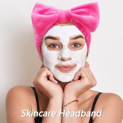 VELSCRUN Spa Headbands for Wash Face, Makeup Headband, Facial Skincare Headbands, 5 Pcs Hot Pink Puffy Sponge Spa Headband Bow Tie Hair Band Hair Clips Wristband Set Women Girls Accessories - color: Rose Red