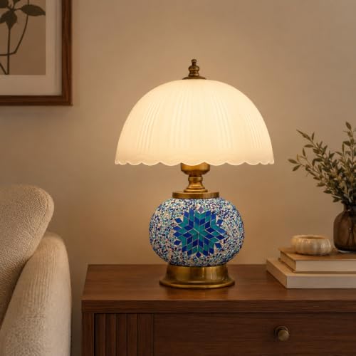 Boho Blue Mosaic Small Table Lamp with White Glass Shade - color: Blue, Bronze, White