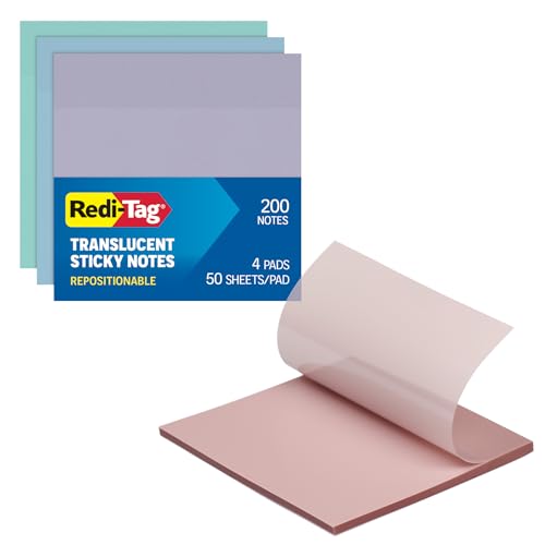 Redi-Tag Translucent Sticky Notes, Transparent Self-Stick Notes, 3" x 3", Pastel Colors, 4 Pads, 50 Notes Per Pad, 200 Sheets (1006593) - color: Pastel