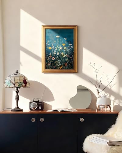 HUARCEY Gold Framed Canvas Wall Art Wildflowers Vintage Decor, 12x16 Inch - color: Blue Wildflowers, size: 16"L x 12"W