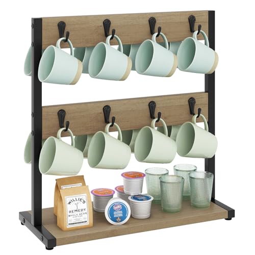 IBUYKE Coffee Mug Holder for Countertop,16 Hook Mug Tree,Greige TBJ001Y - color: Greige, size: no shelf(16 mugs)