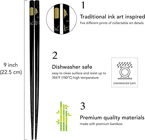 Bamboo Chopsticks Set, Japanese Reusable Wooden Chopsticks with Traditional Pattern Designs, Non Slip Tips Dishwasher Safe Asian Chopsticks for Sushi Ramen Noodles Rice Dining (2, Black) - color: Black