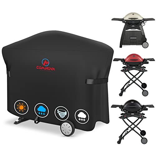 Comnova Grill Cover for Weber Q Grill on Cart - 7112 BBQ Cover for Weber Q3000/Q300/Q2000/Q200 with Portable Stand, 600D Heavy Duty & Waterproof BBQ Cover for Weber Q3200, 3000, 320, 300 and More - color: Premium Black - Q3000 & Q2000 on Cart